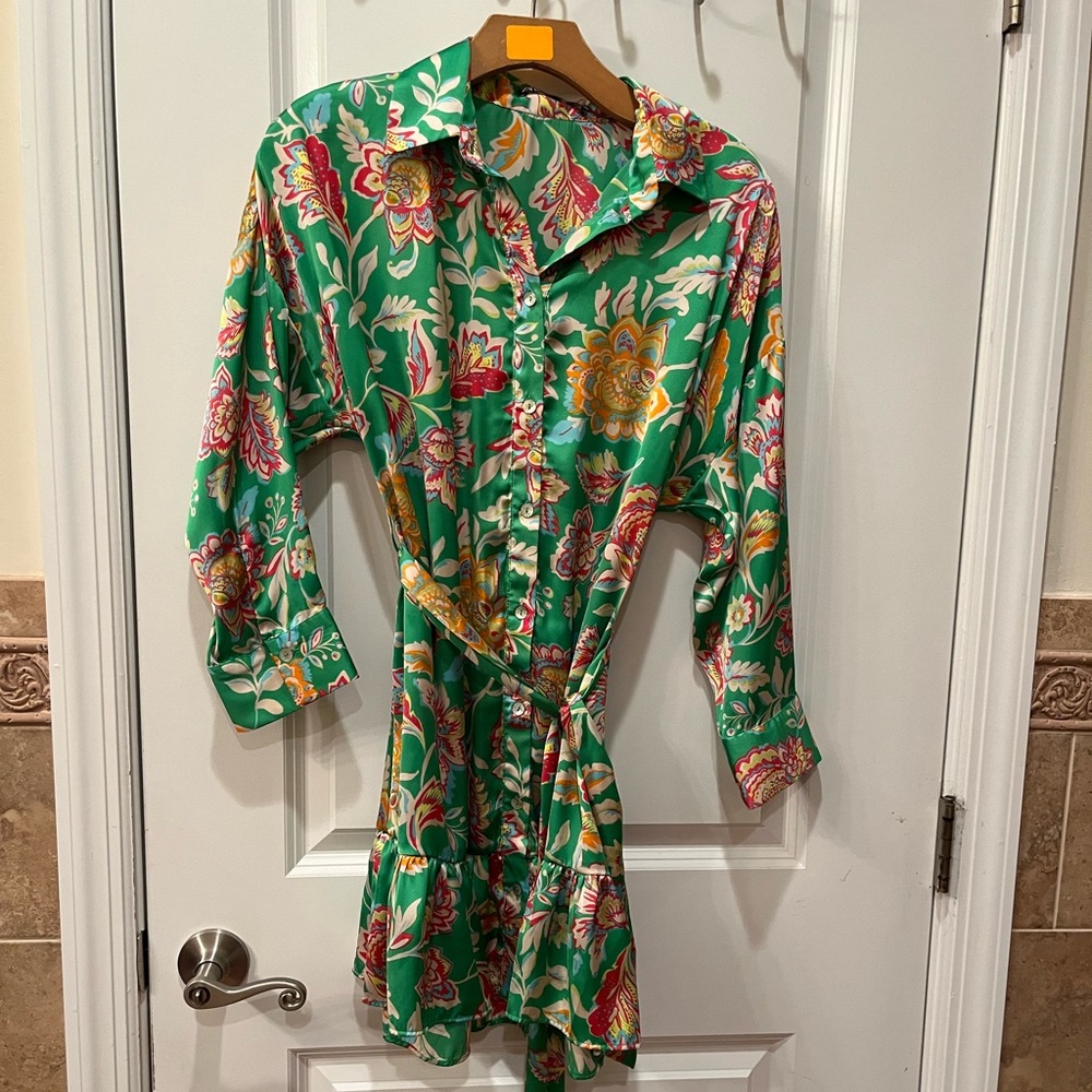Zara Green Satin Floral Dress